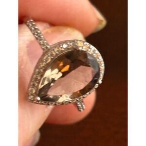 925 Sterling Silver Smoky Quartz Halo Ring Pear Shaped Teardrop Gemstone Size 7